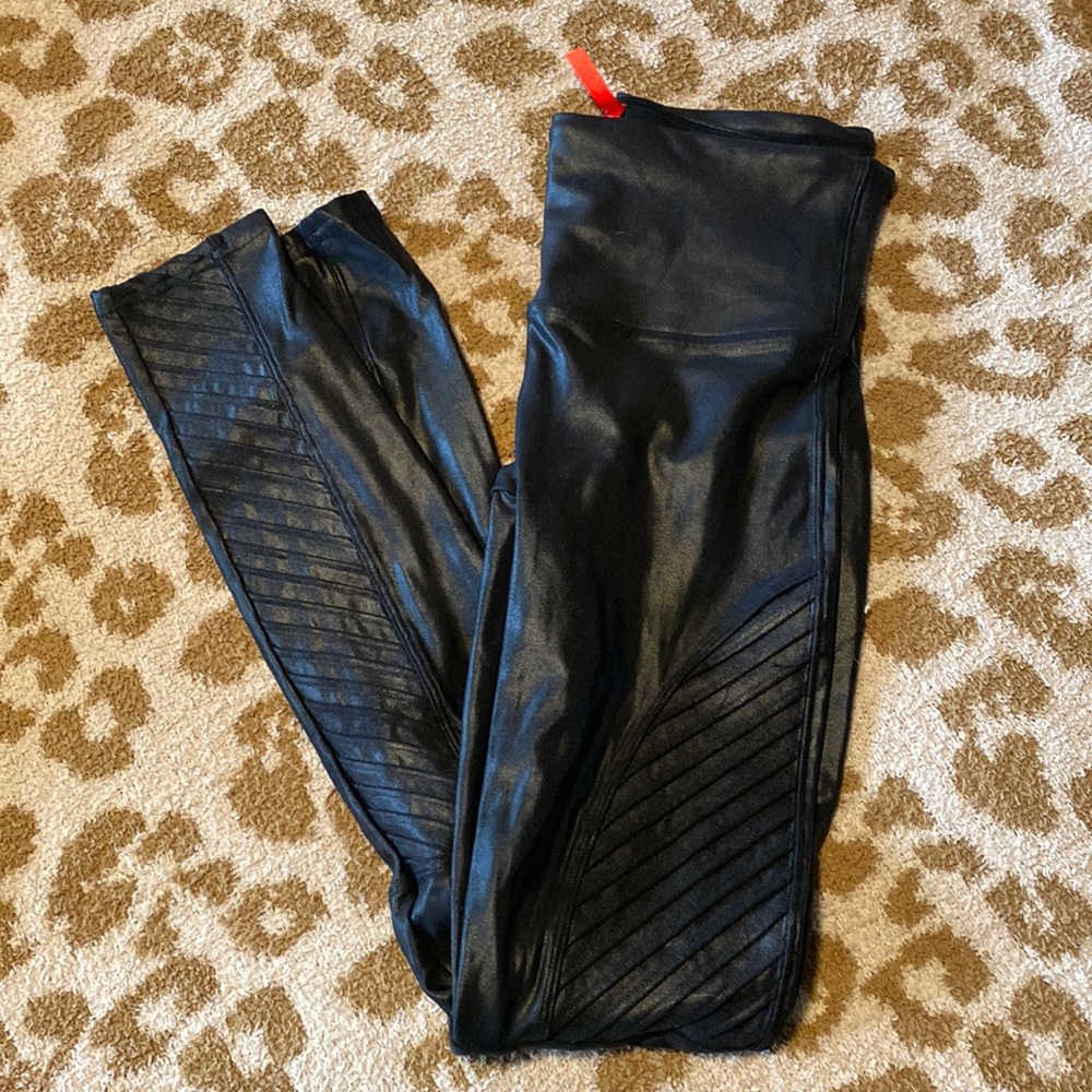Spanx faux leather leggings, moto style.